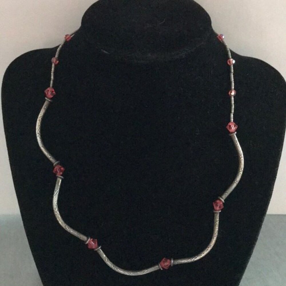 Vintage Sterling Silver Curved Carved Tube Beads Swarovski Crystal Necklace 17.5 - Picture 2 of 8